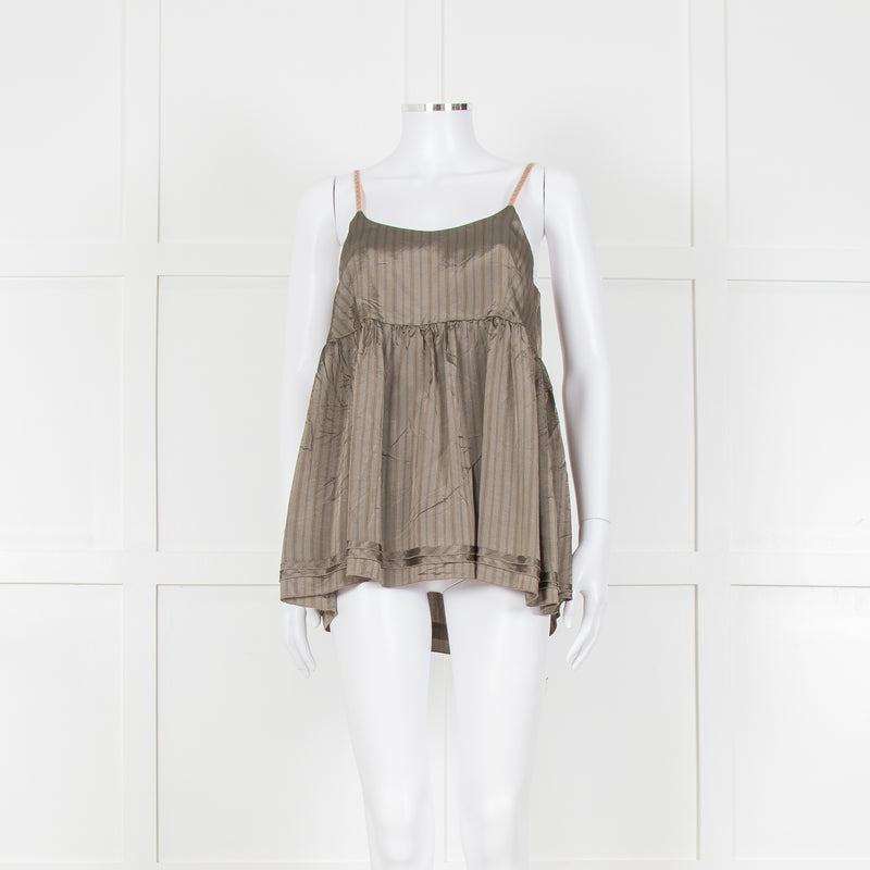 Ottod'Ame Khaki Pinstripe Contrast Velvet Strap Top