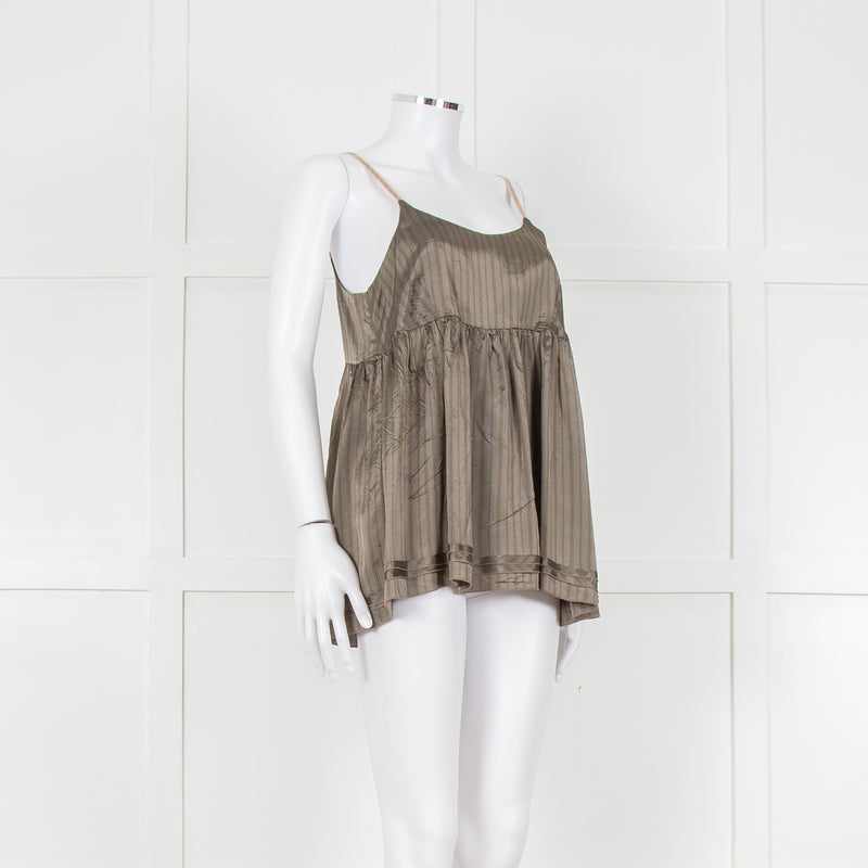 Ottod'Ame Khaki Pinstripe Contrast Velvet Strap Top