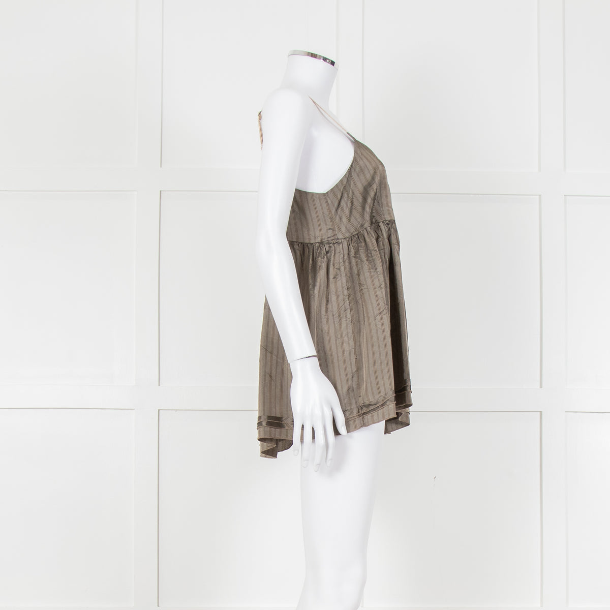 Ottod'Ame Khaki Pinstripe Contrast Velvet Strap Top