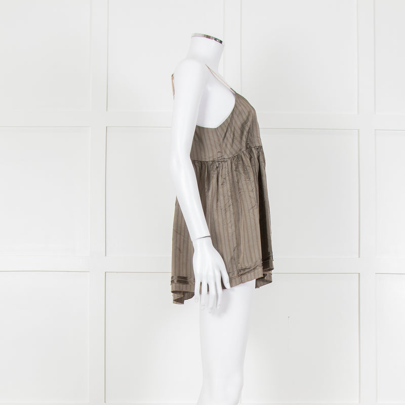 Ottod'Ame Khaki Pinstripe Contrast Velvet Strap Top