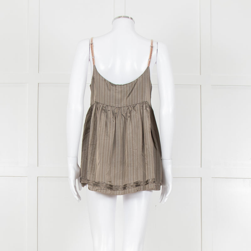 Ottod'Ame Khaki Pinstripe Contrast Velvet Strap Top