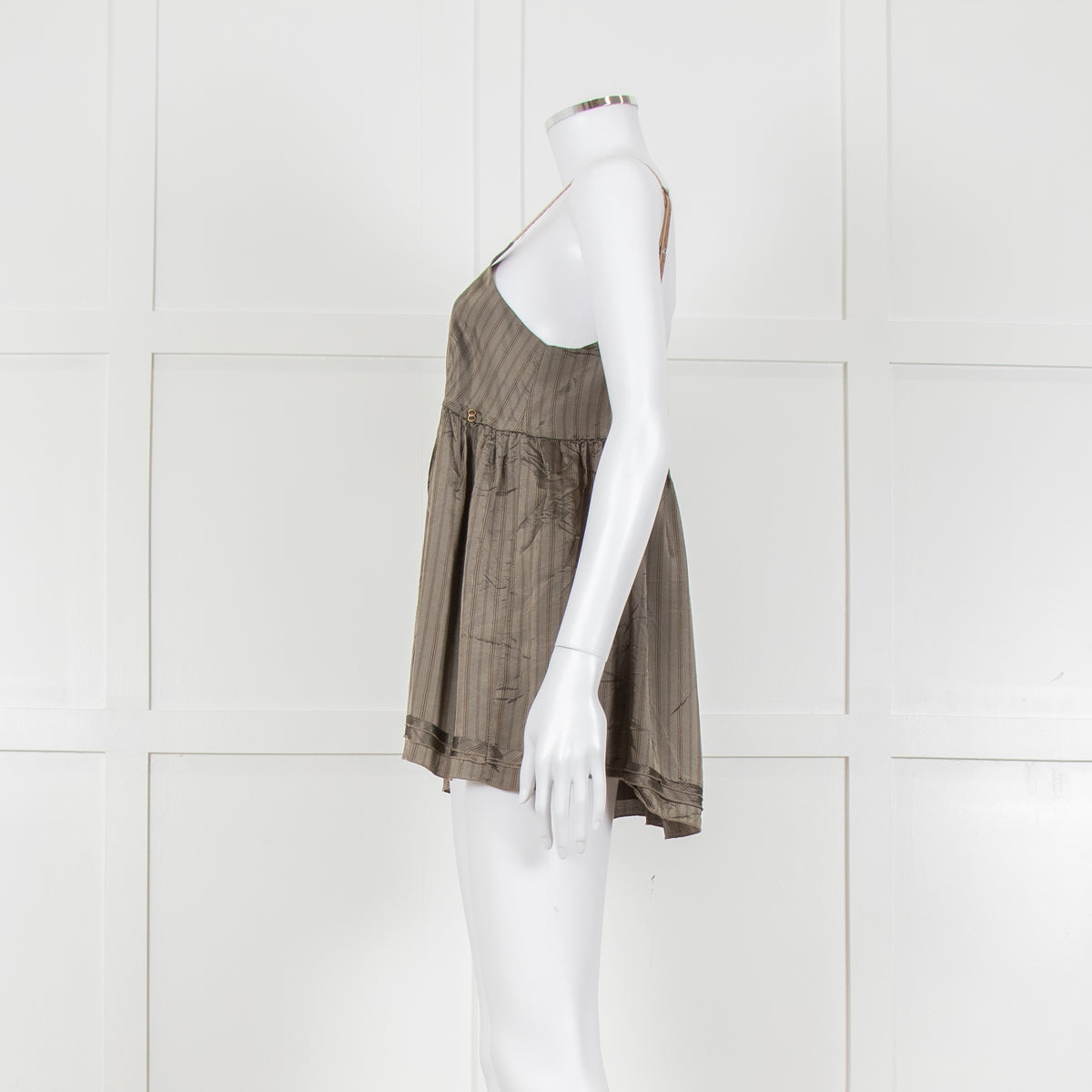 Ottod'Ame Khaki Pinstripe Contrast Velvet Strap Top