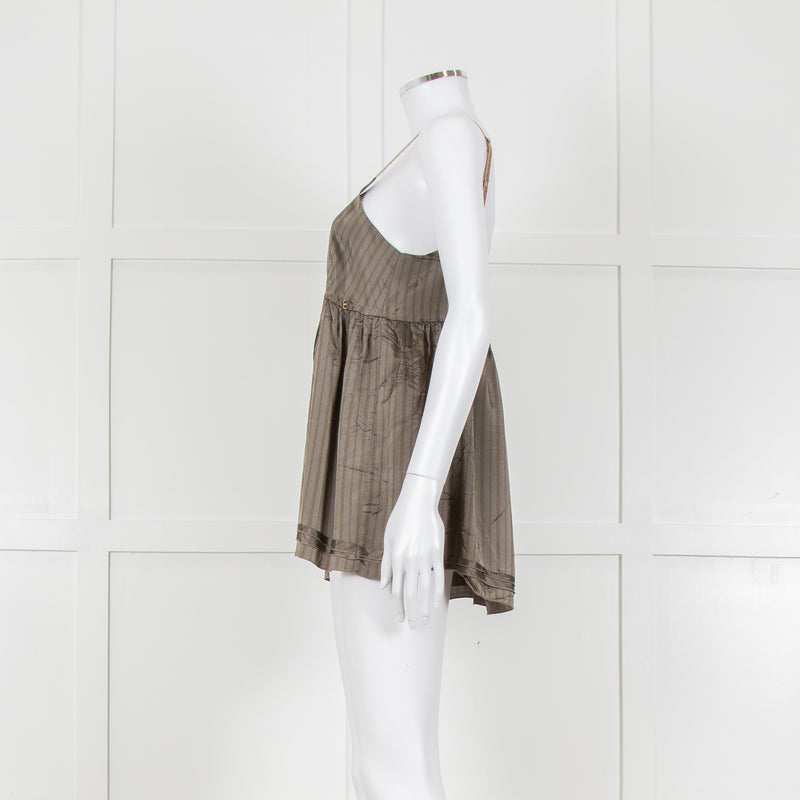 Ottod'Ame Khaki Pinstripe Contrast Velvet Strap Top