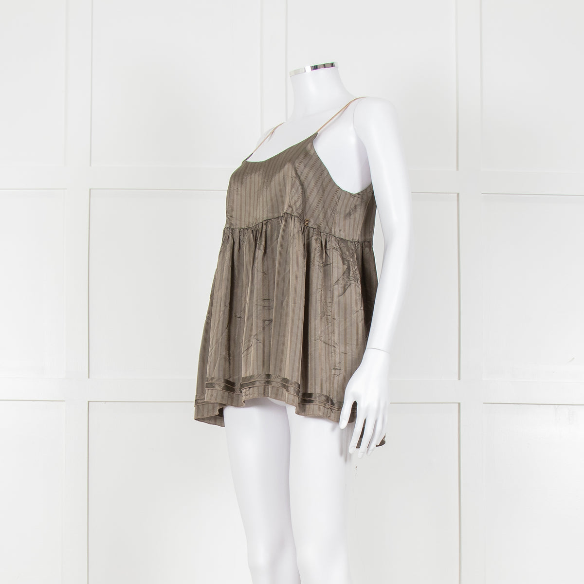 Ottod'Ame Khaki Pinstripe Contrast Velvet Strap Top