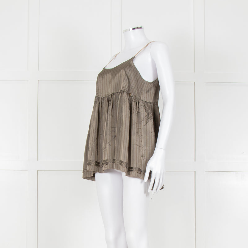 Ottod'Ame Khaki Pinstripe Contrast Velvet Strap Top