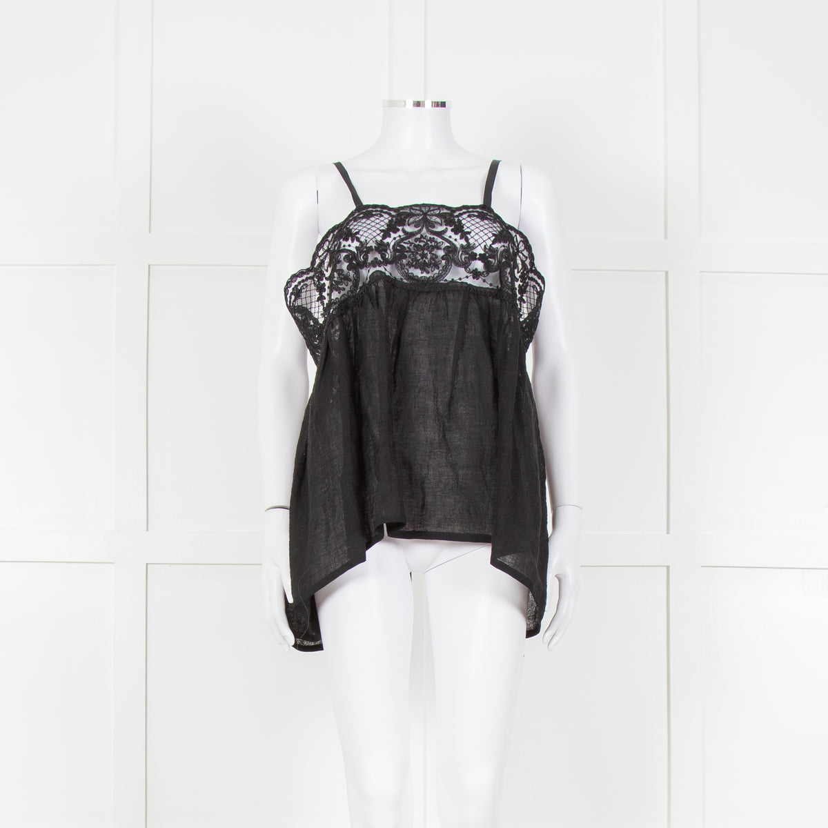 Maurizio Black Lace And Linen Strap Tie Back Top