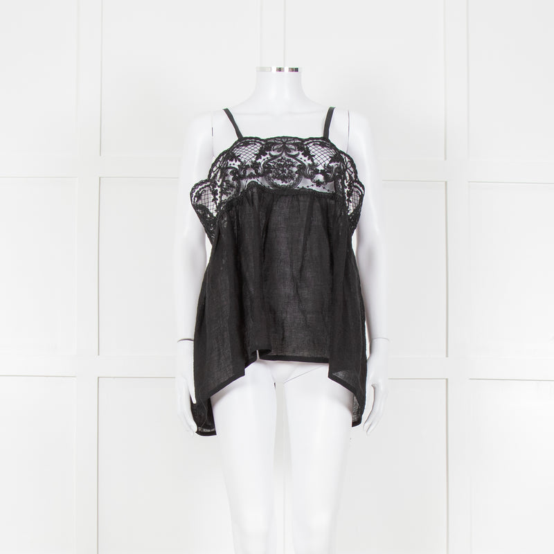 Maurizio Black Lace And Linen Strap Tie Back Top