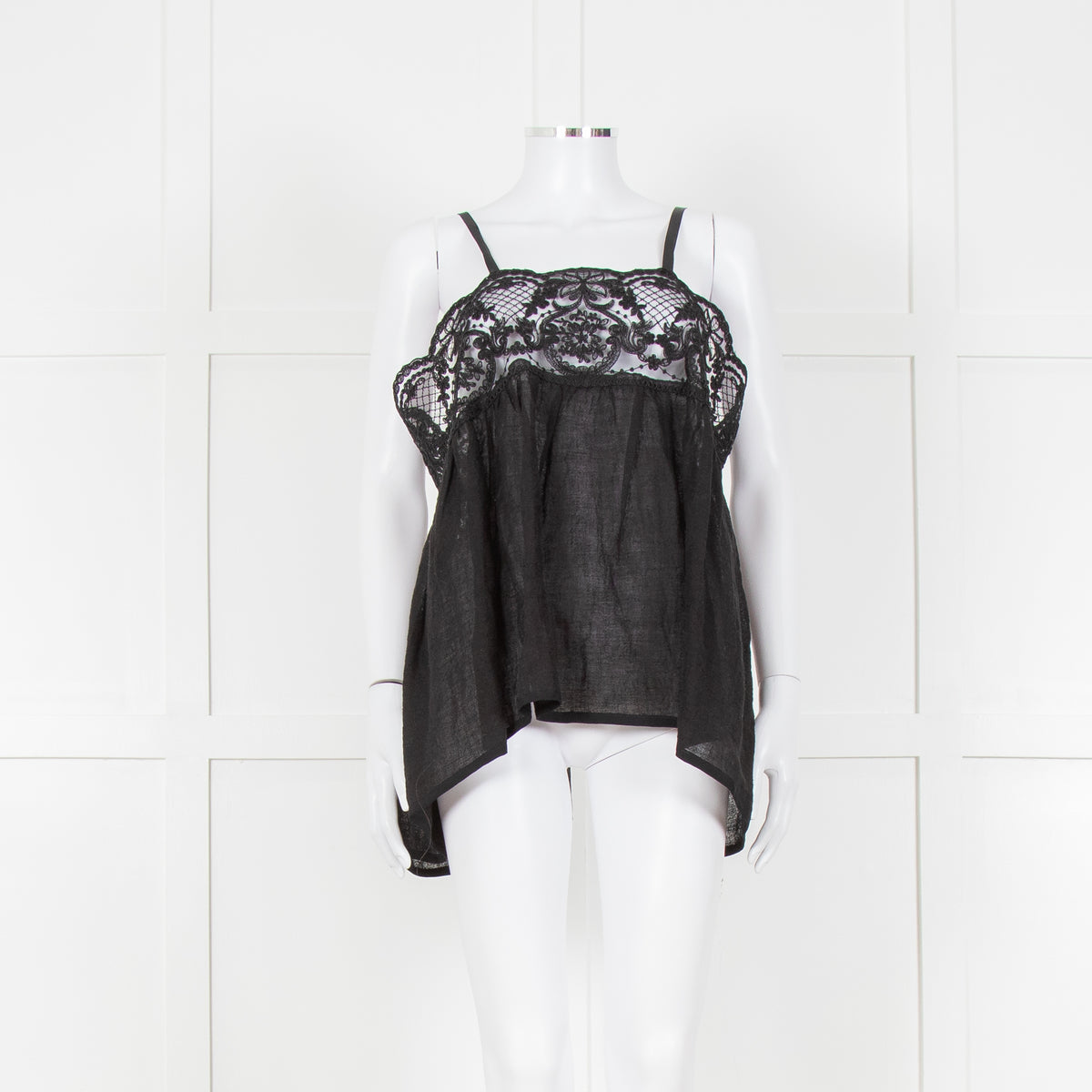 Maurizio Black Lace And Linen Strap Tie Back Top