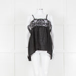 Maurizio Black Lace And Linen Strap Tie Back Top