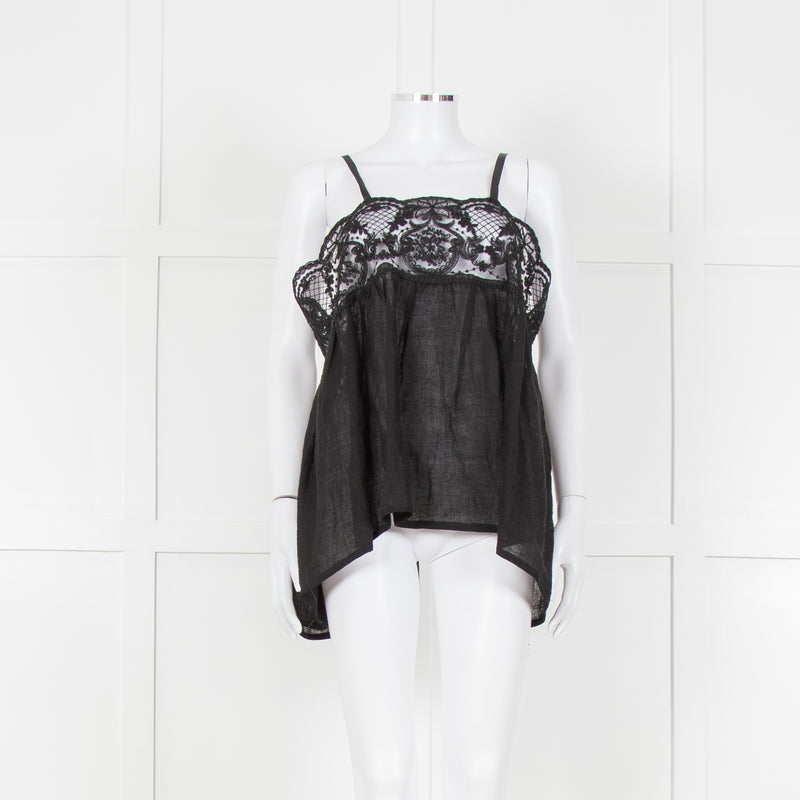 Maurizio Black Lace And Linen Strap Tie Back Top