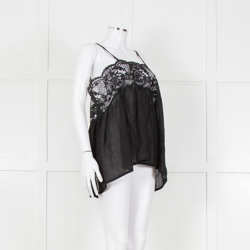 Maurizio Black Lace And Linen Strap Tie Back Top