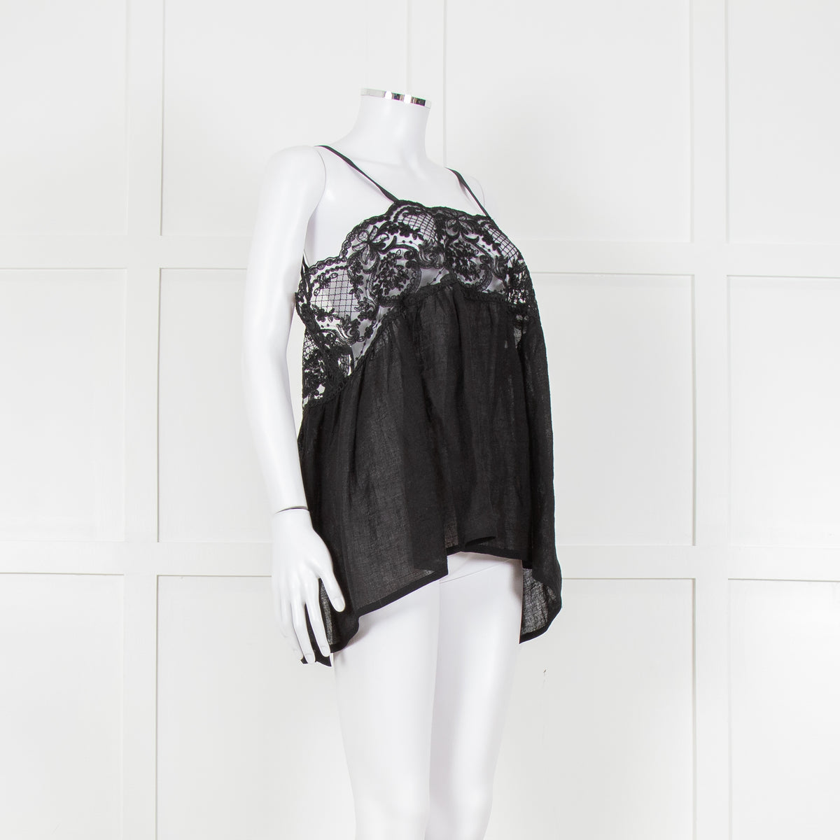 Maurizio Black Lace And Linen Strap Tie Back Top