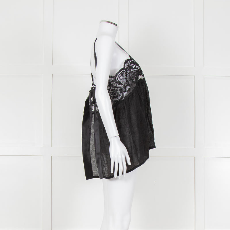 Maurizio Black Lace And Linen Strap Tie Back Top
