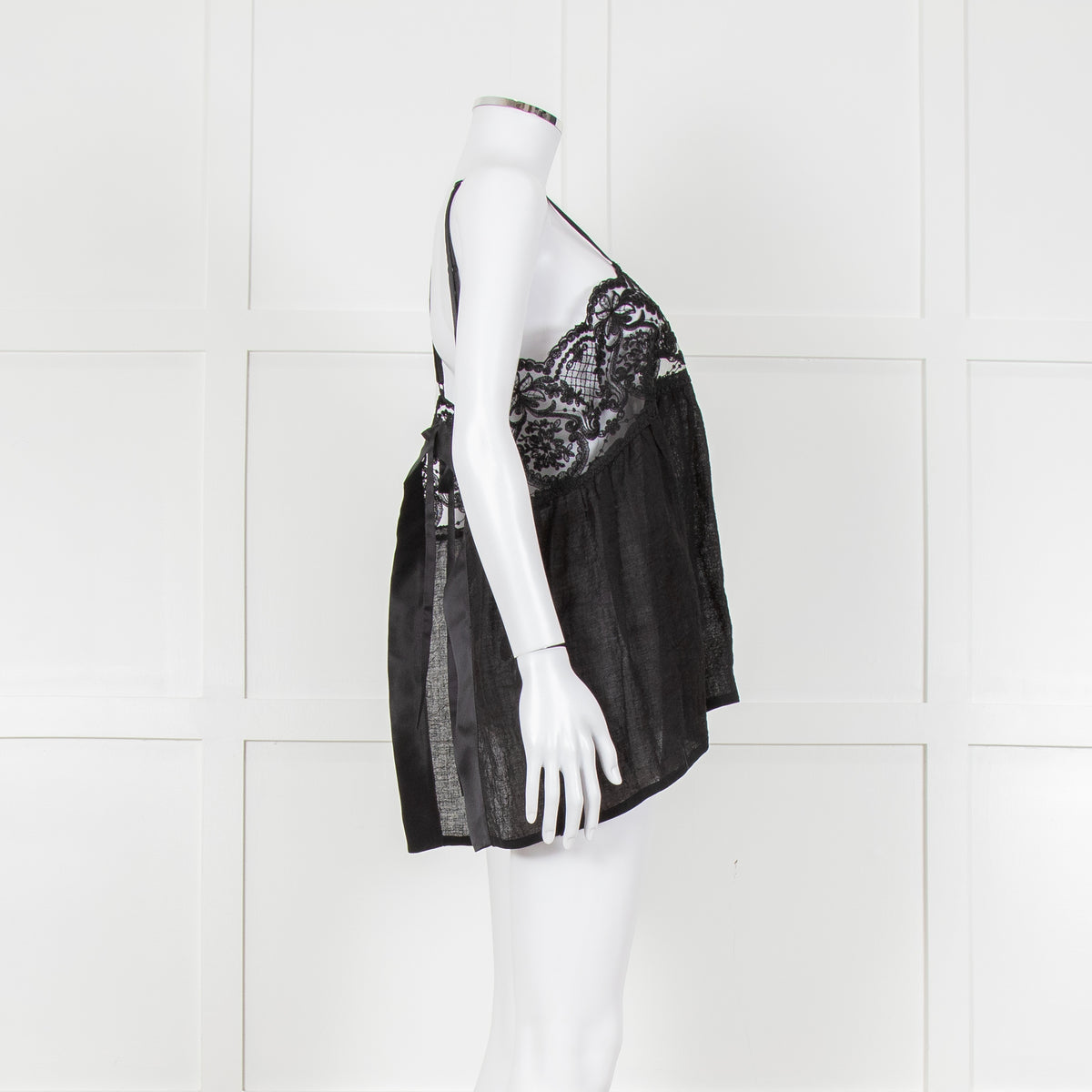 Maurizio Black Lace And Linen Strap Tie Back Top