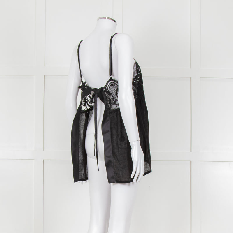 Maurizio Black Lace And Linen Strap Tie Back Top