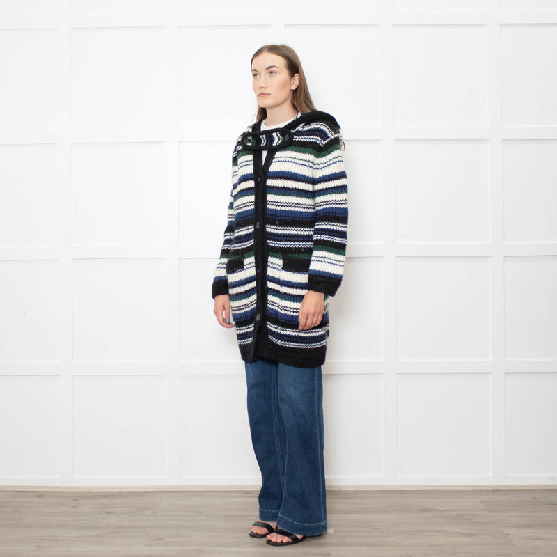 Stefanel White Blue Striped Chunky Knit Long Cardigan