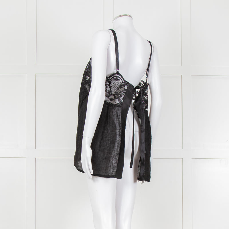Maurizio Black Lace And Linen Strap Tie Back Top