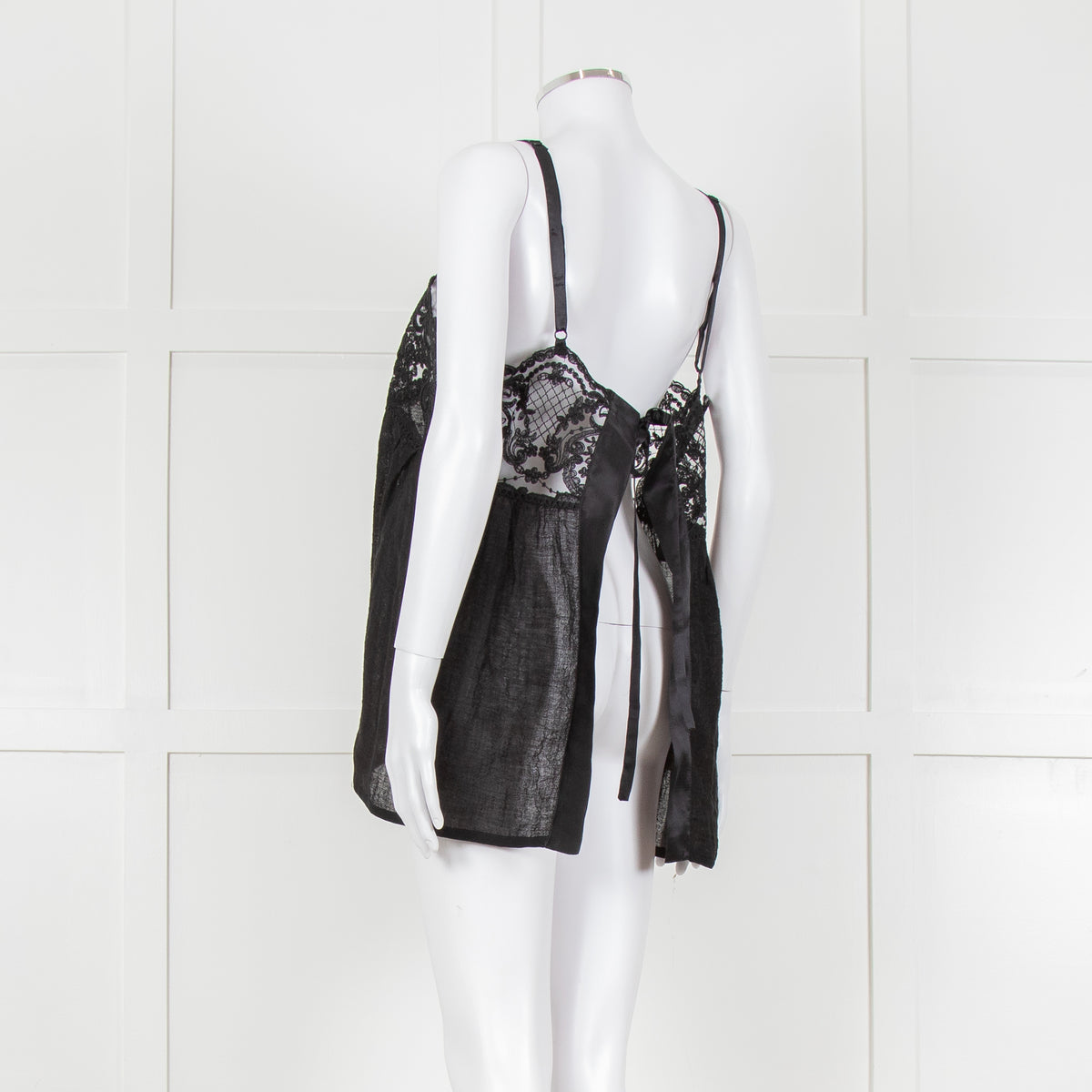 Maurizio Black Lace And Linen Strap Tie Back Top
