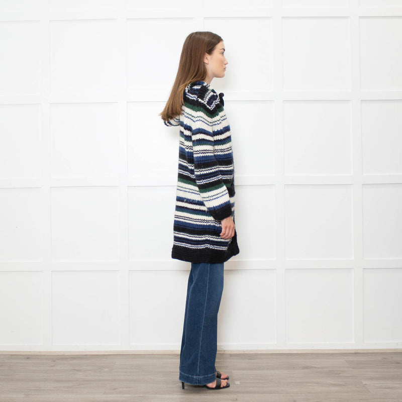 Stefanel White Blue Striped Chunky Knit Long Cardigan