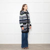 Stefanel White Blue Striped Chunky Knit Long Cardigan