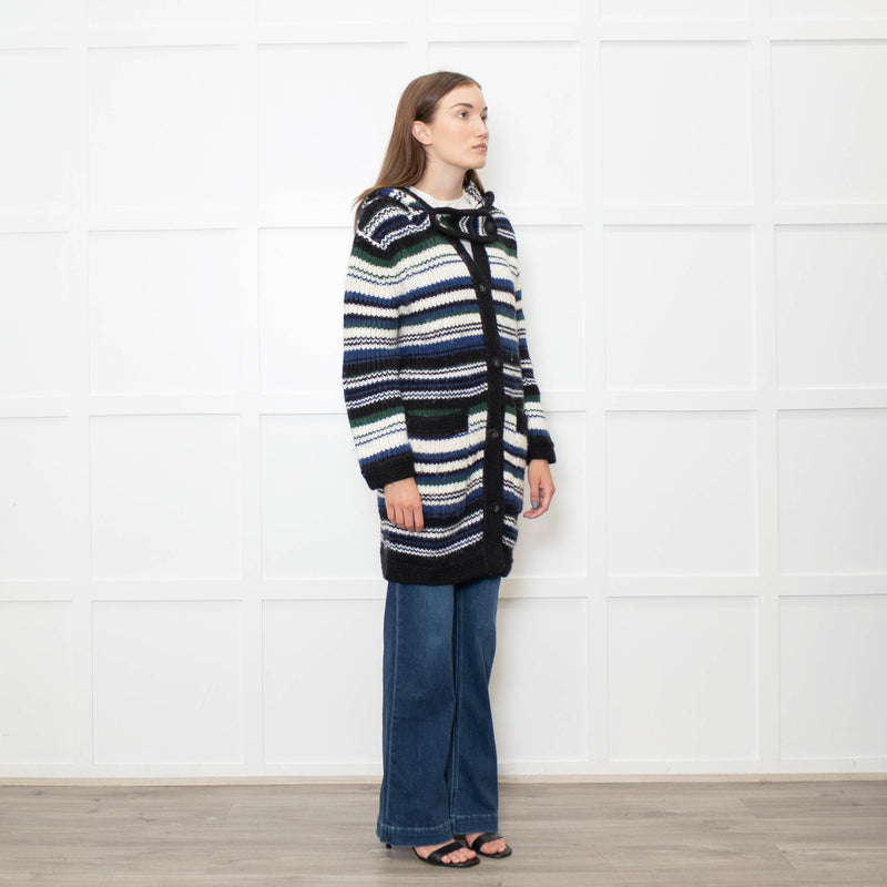 Stefanel White Blue Striped Chunky Knit Long Cardigan