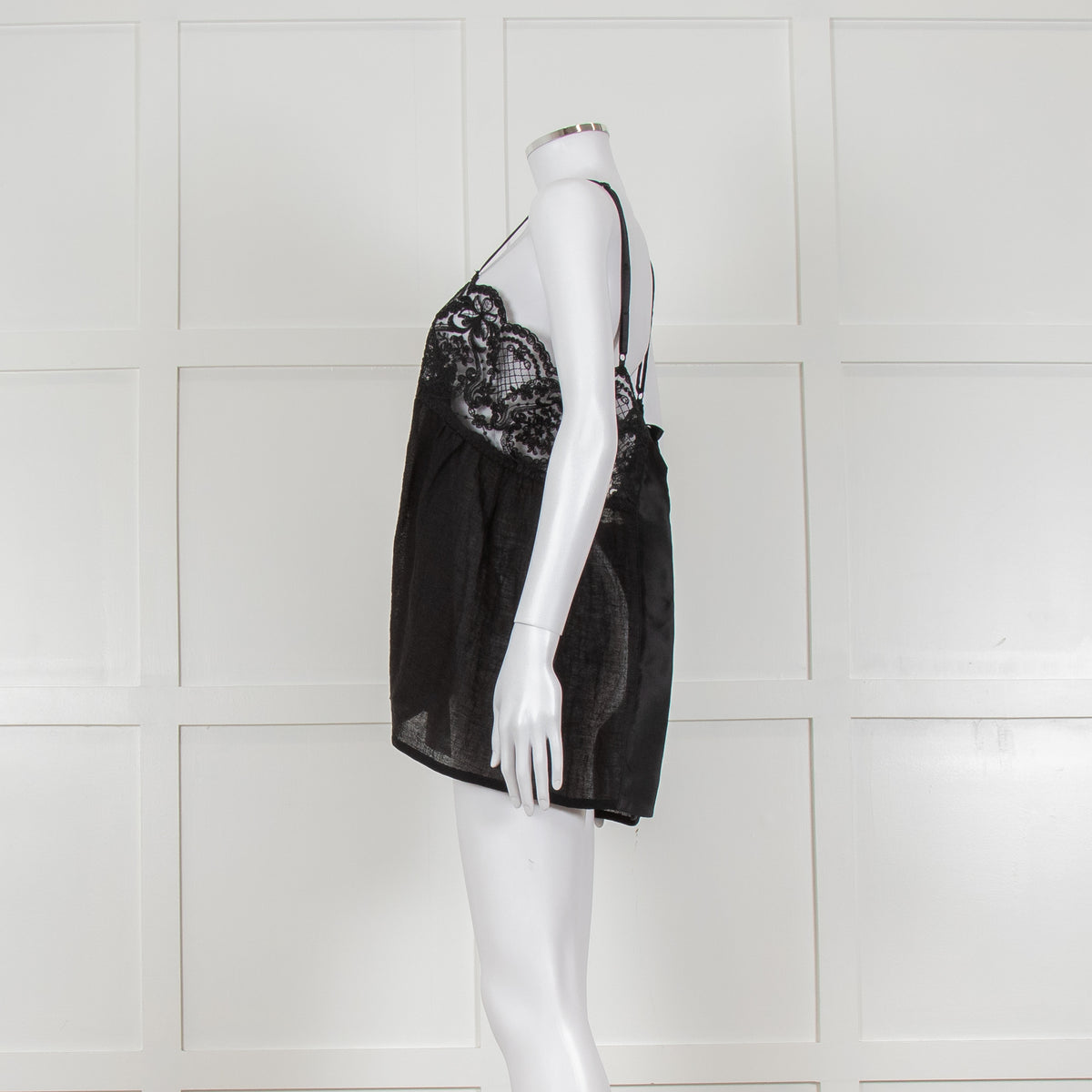 Maurizio Black Lace And Linen Strap Tie Back Top