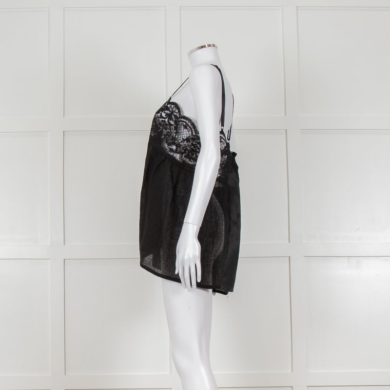Maurizio Black Lace And Linen Strap Tie Back Top