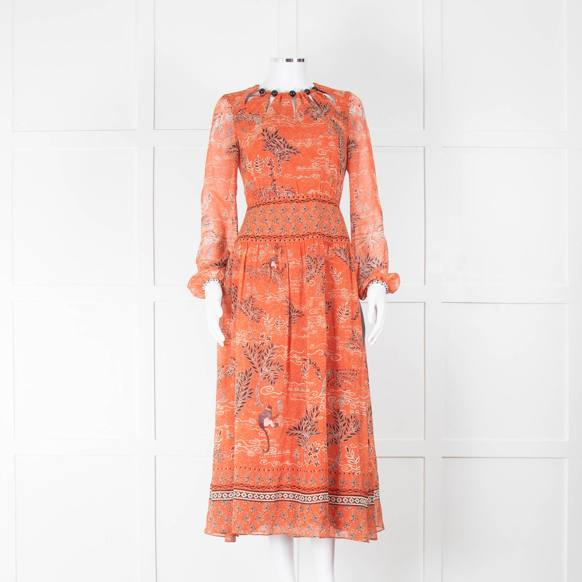 Saloni Thala Orange Silk Long Sleeve Dress With Beaded Neck