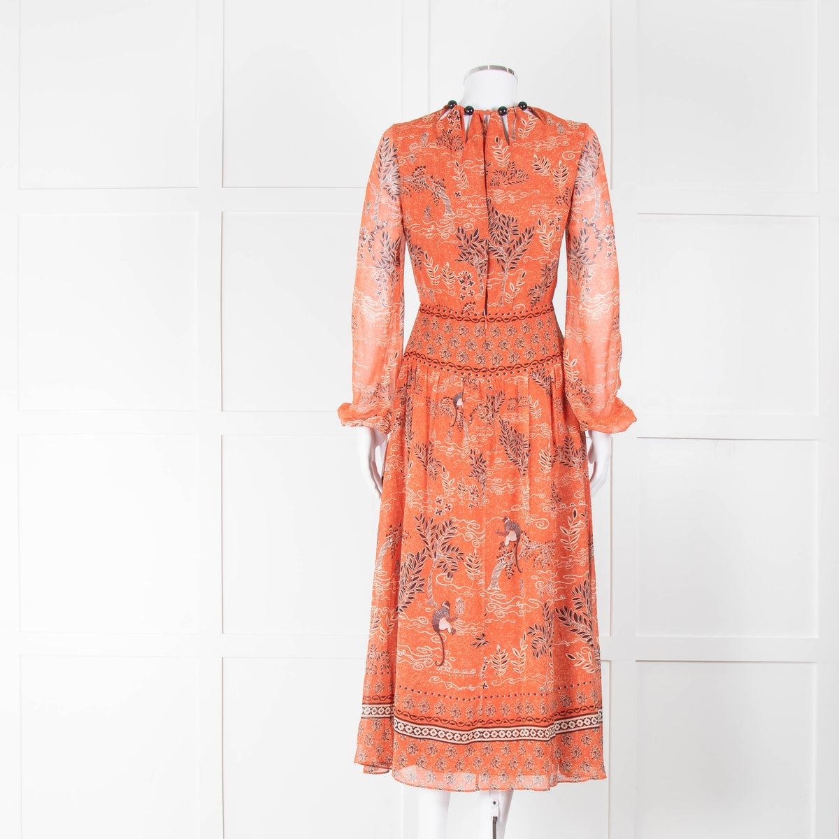 Saloni Thala Orange Silk Long Sleeve Dress With Beaded Neck