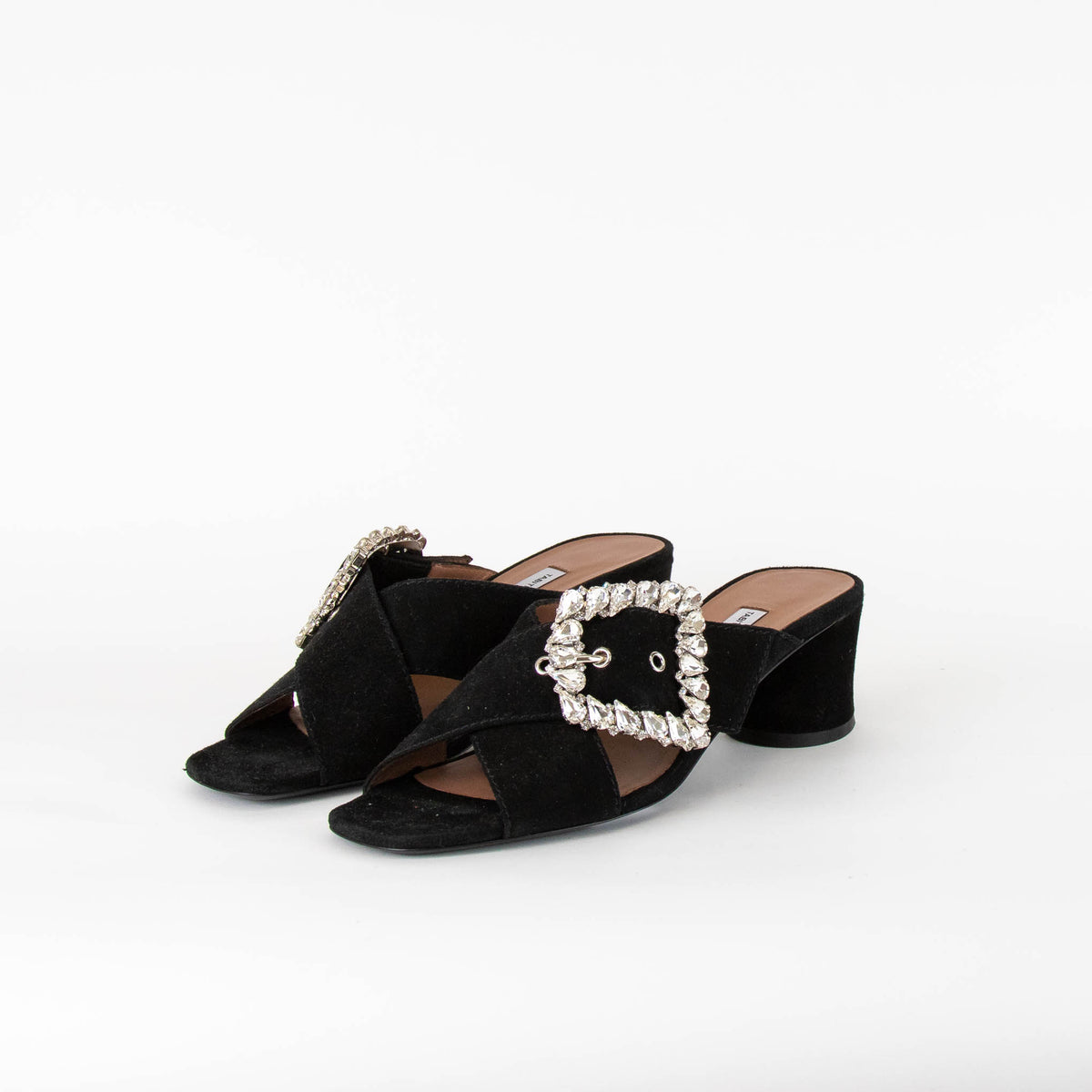 Tabitha Simmons Black Suede Crystal Buckle Mule