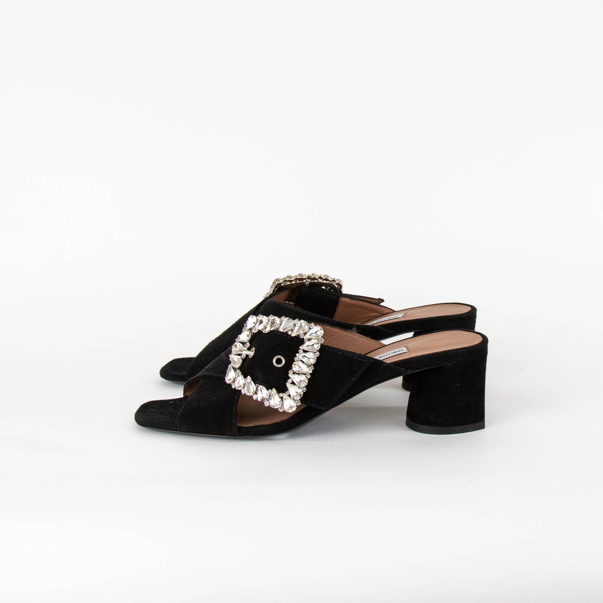 Tabitha Simmons Black Suede Crystal Buckle Mule