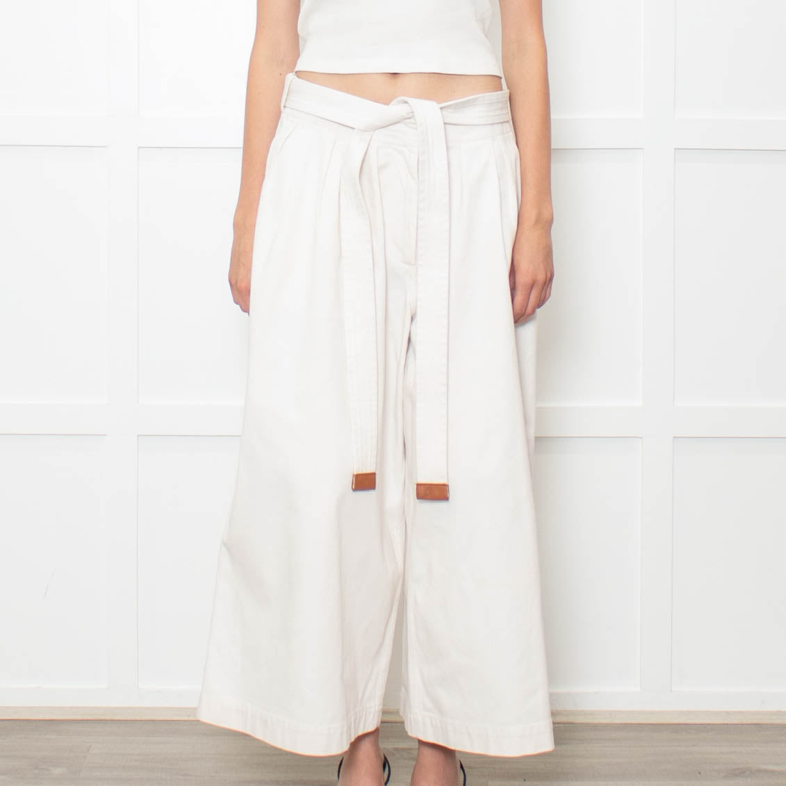 Loewe White Denim Belted Wide Crop Trousers