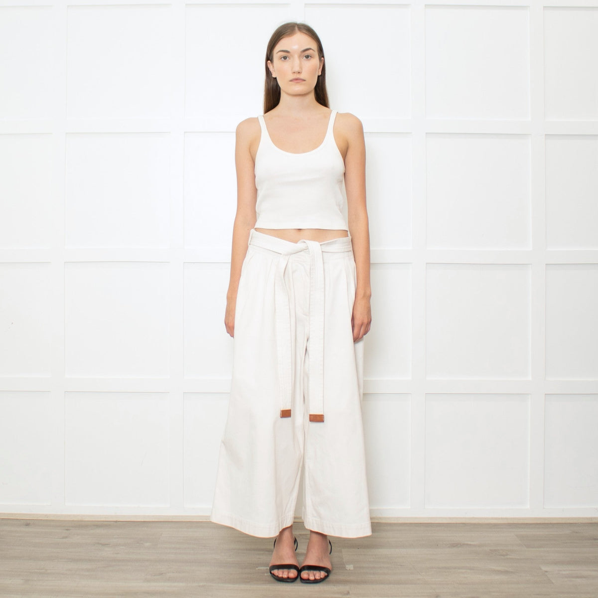 Loewe White Denim Belted Wide Crop Trousers