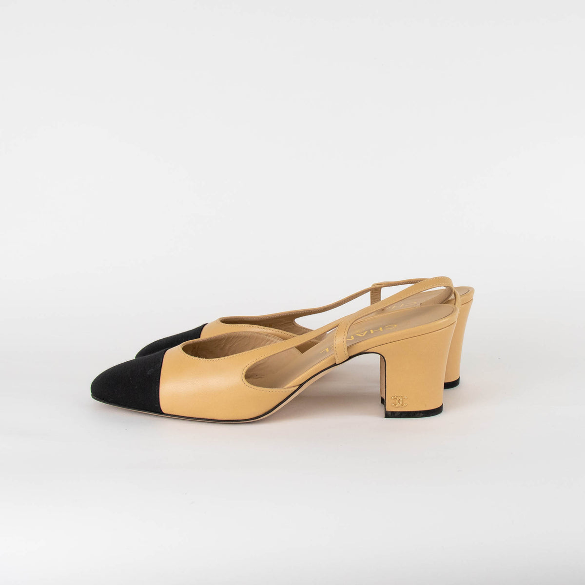 Chanel Beige and Black Block Heel Slingback