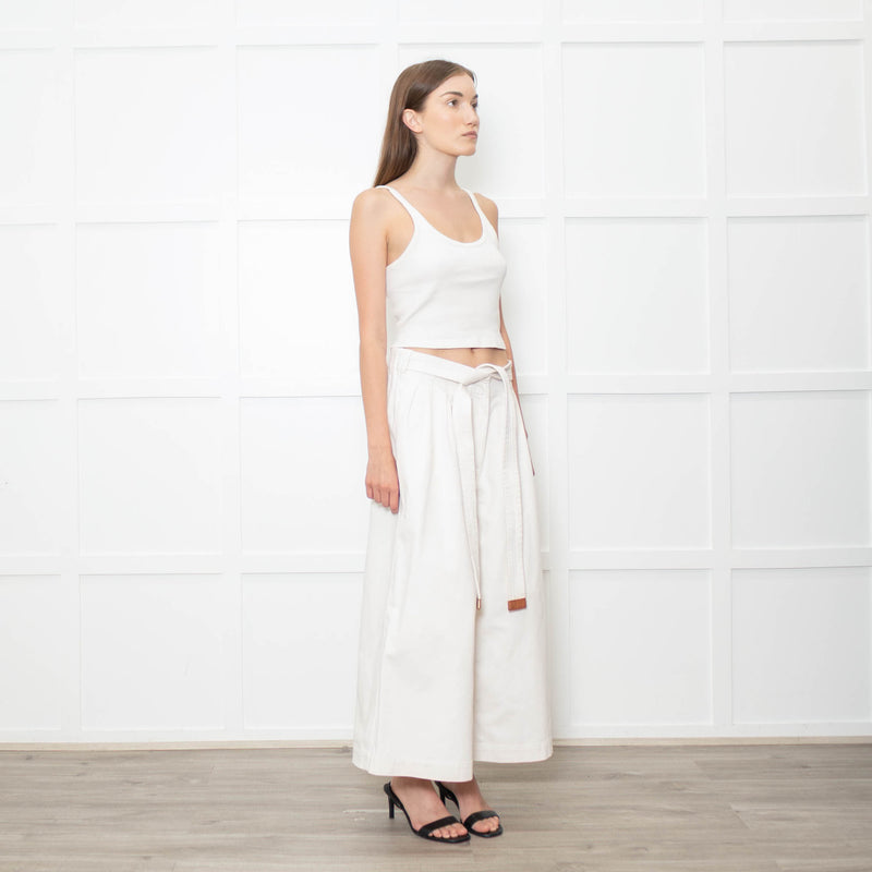 Loewe White Denim Belted Wide Crop Trousers