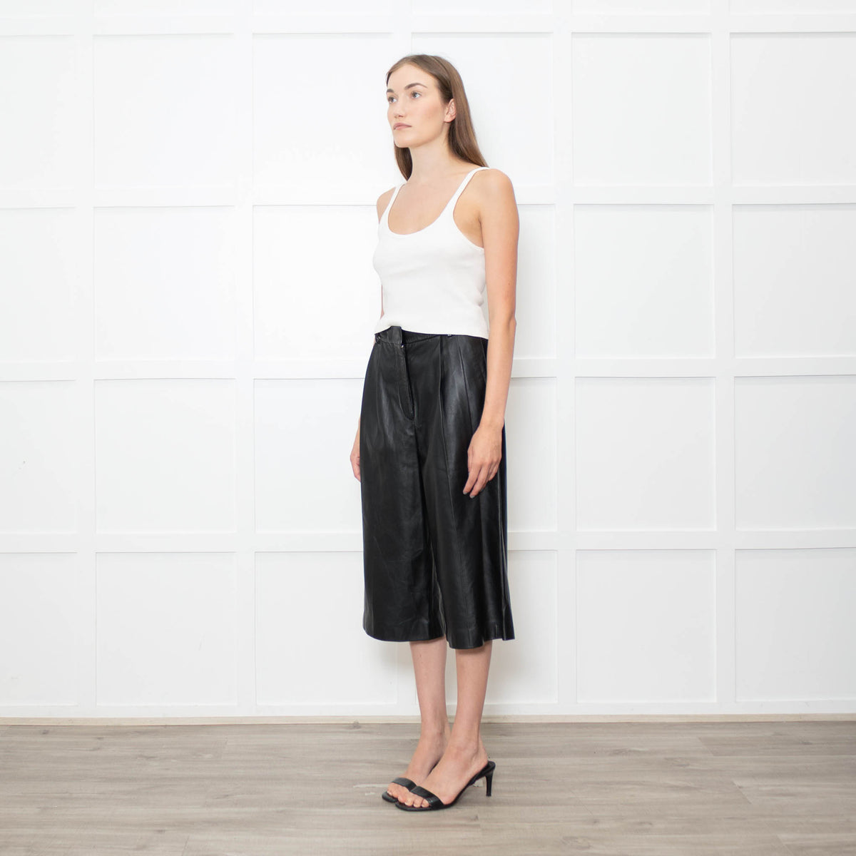Joseph Black Leather Pleated Culottes