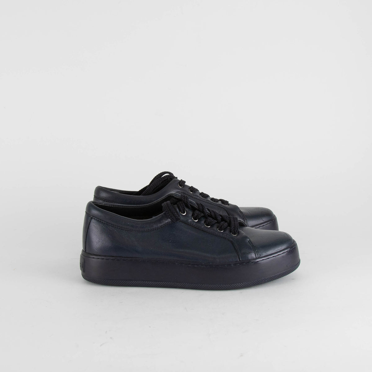Max Mara Navy Blue Leather Lace Up Trainers