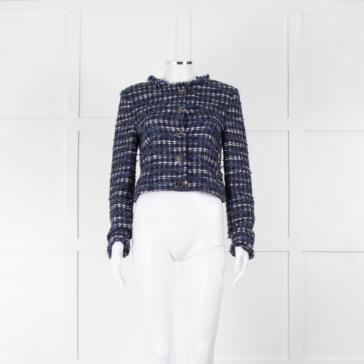 Boutique Moschino Blue With Freyed Hem Boucle Jacket