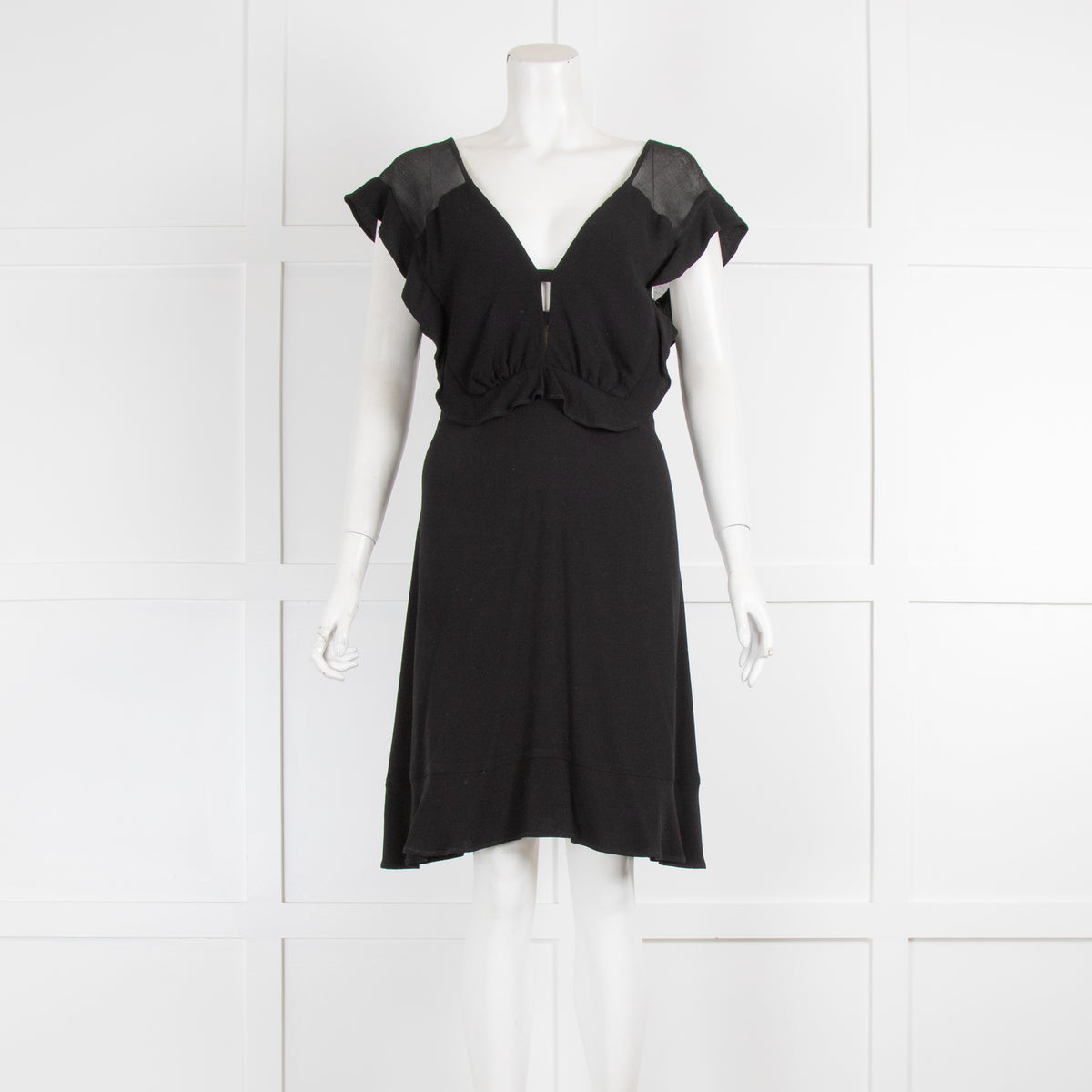 Sandro Black Fluted Mini Dress with V Neck