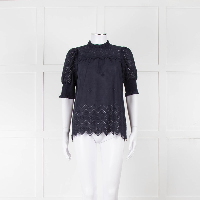 Me+Em Navy Broderie Anglaise Short Sleeve Blouse
