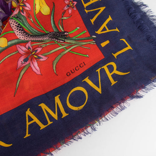 Gucci Red Navy Trim Flora Snake Print Shawl