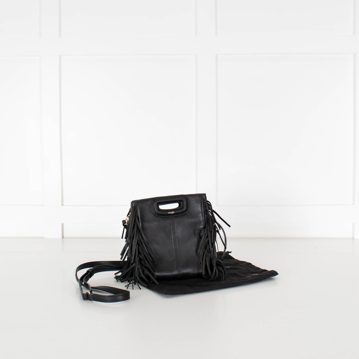 Maje Black Fringed Frame Handle Crossbody Bag