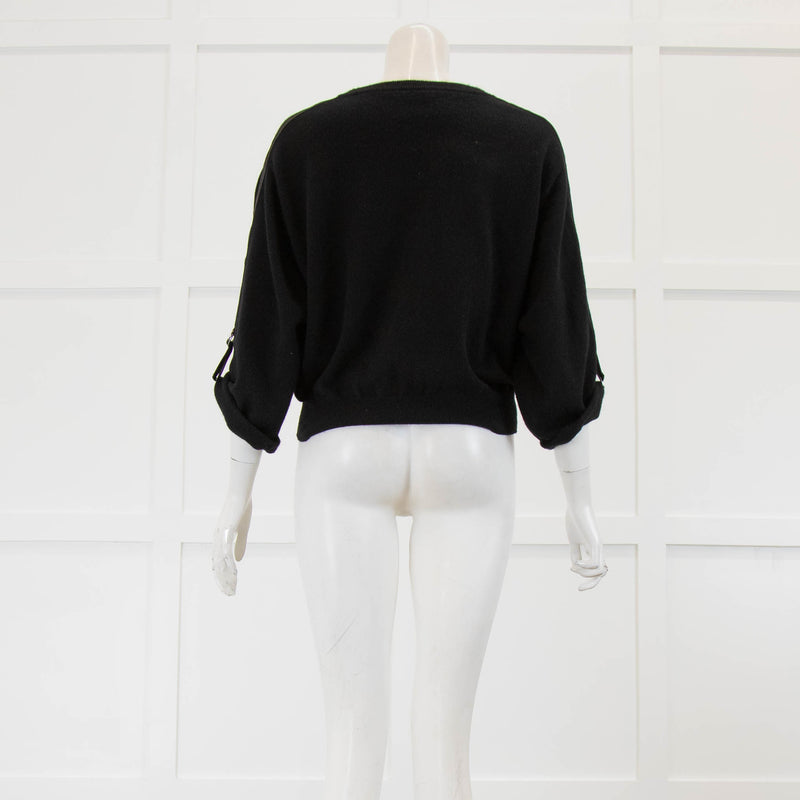 Brunello Cucinelli Black Cashmere Long Sleeve Ribbon Sleeve Detail Jumper