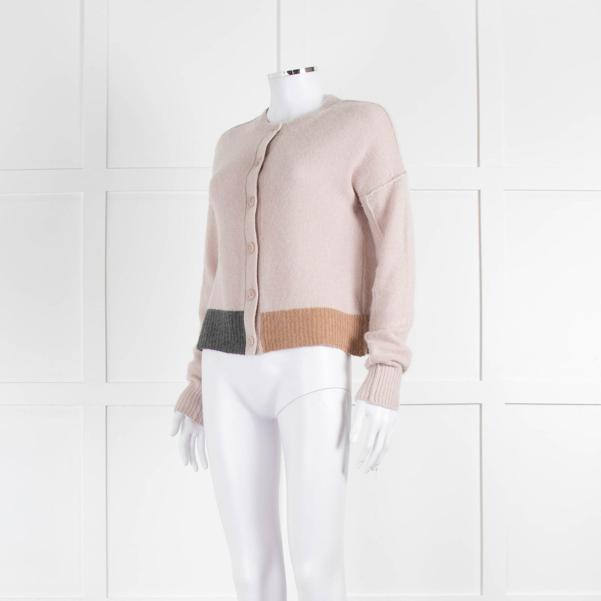 360 Cashmere Beige Cashmere Cardigan With Grey And Camel Rib Hem
