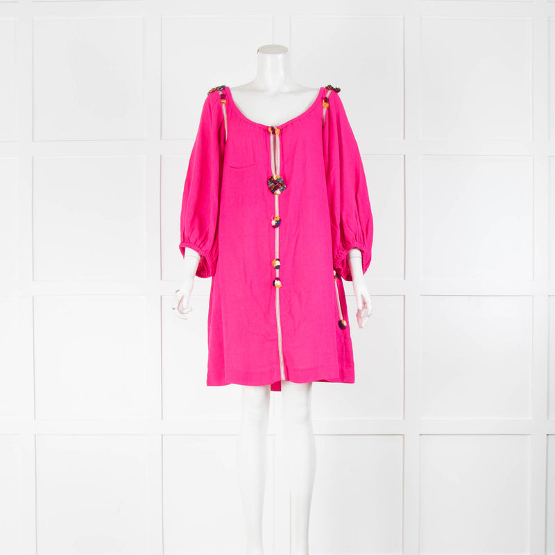 Isabel Marant Hot Pink Silk Pom Pom Trim Kaftan Dress