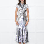 Self-Portrait Silver Sequin Twist Front Gown