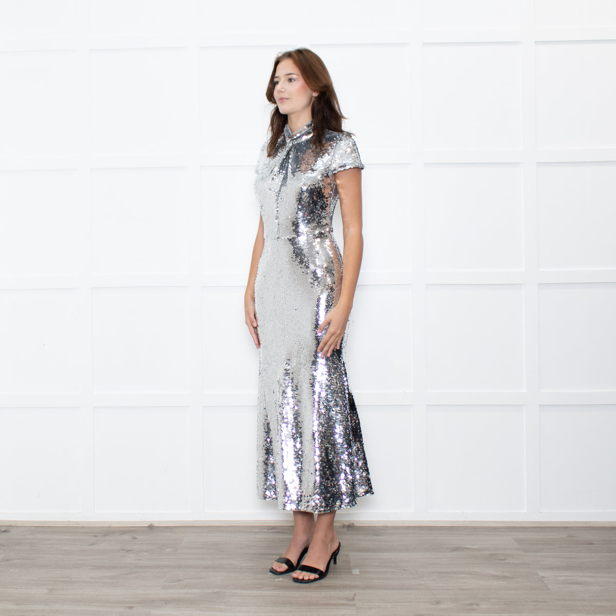 Self-Portrait Silver Sequin Twist Front Gown
