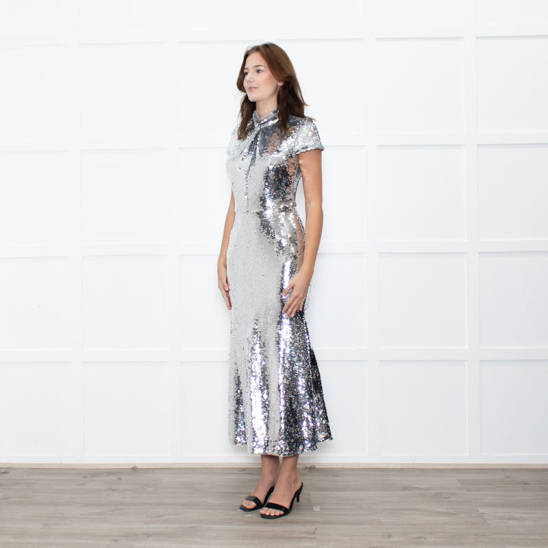Self-Portrait Silver Sequin Twist Front Gown
