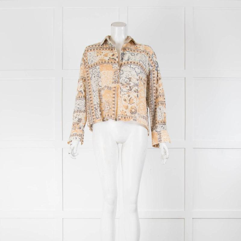 Mes Demoiselles Neutral Grey Peach Print Cotton Blouse