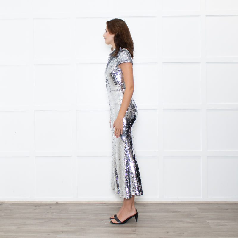 Self-Portrait Silver Sequin Twist Front Gown